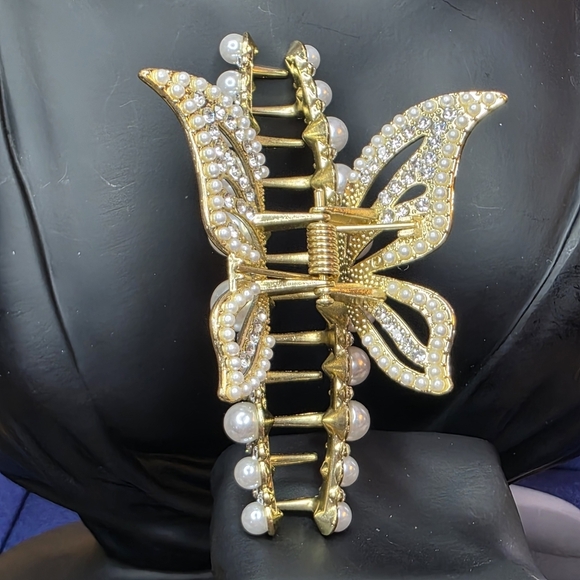 Gold Tone Pearl Leaf Hair Claw Clip Large Ornate Metal Statement 582 main image 12